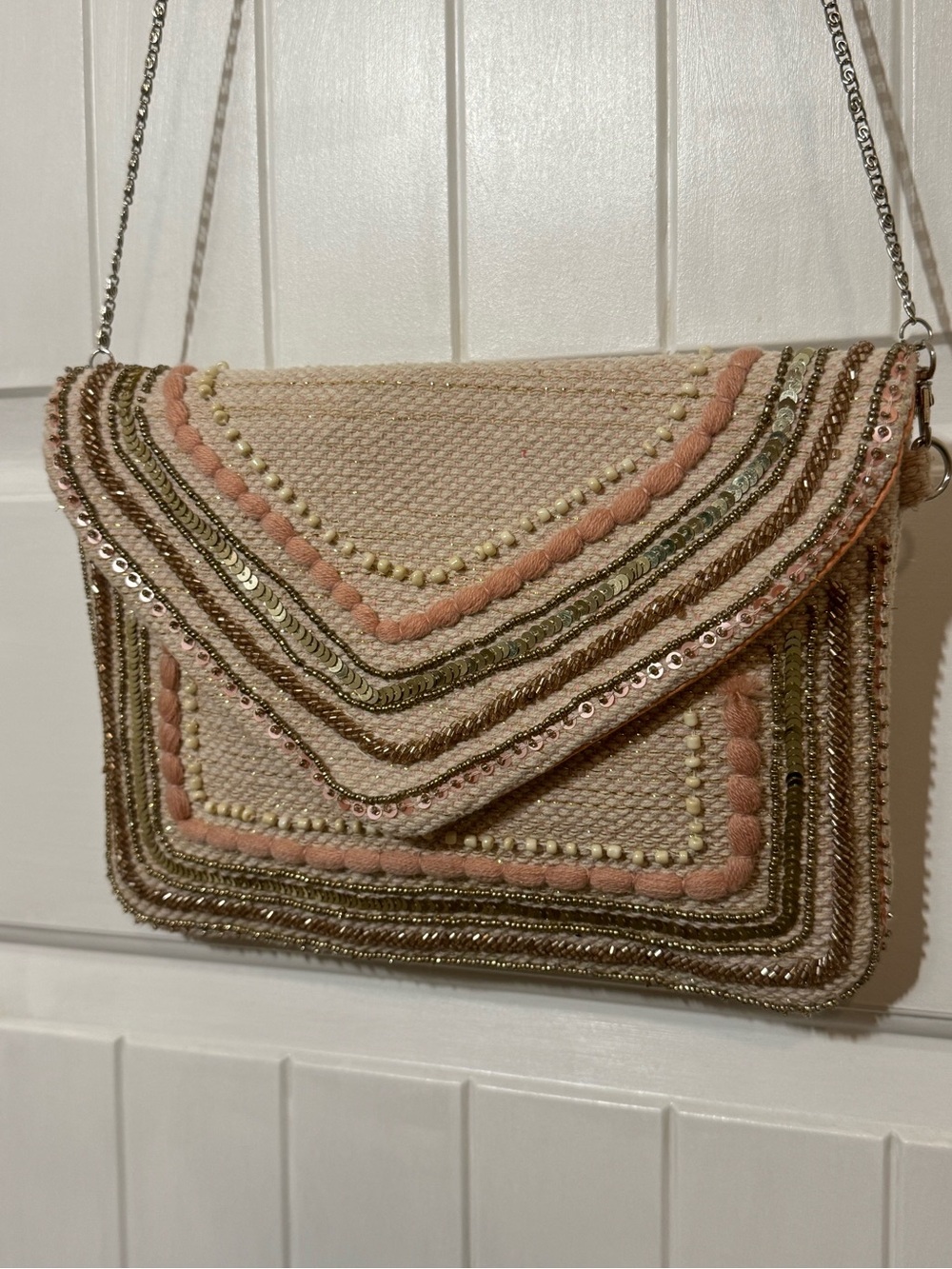 America & Beyond Embellished Pink & Cream Beaded Envelope Crossbody Bag/Clutch
